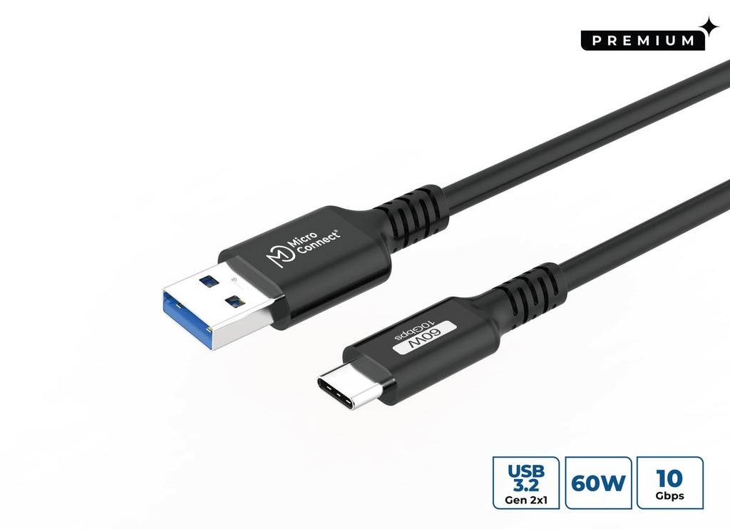 MicroConnect Câble USB-C vers USB-A 0,25 m, 60W, 10Gbps, USB 3.2 Gen 2