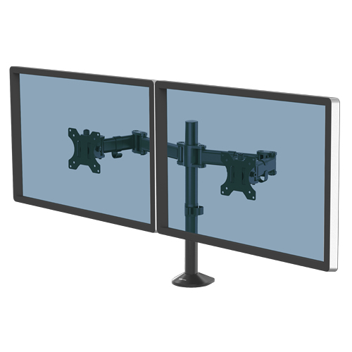 FELLOWES BRAS PORTE-ECRANS DOUBLE REFLEX pour 2 écrans jusqu'à 27", Hauteur et Profondeur Ajustables, Norme VESA, Noir