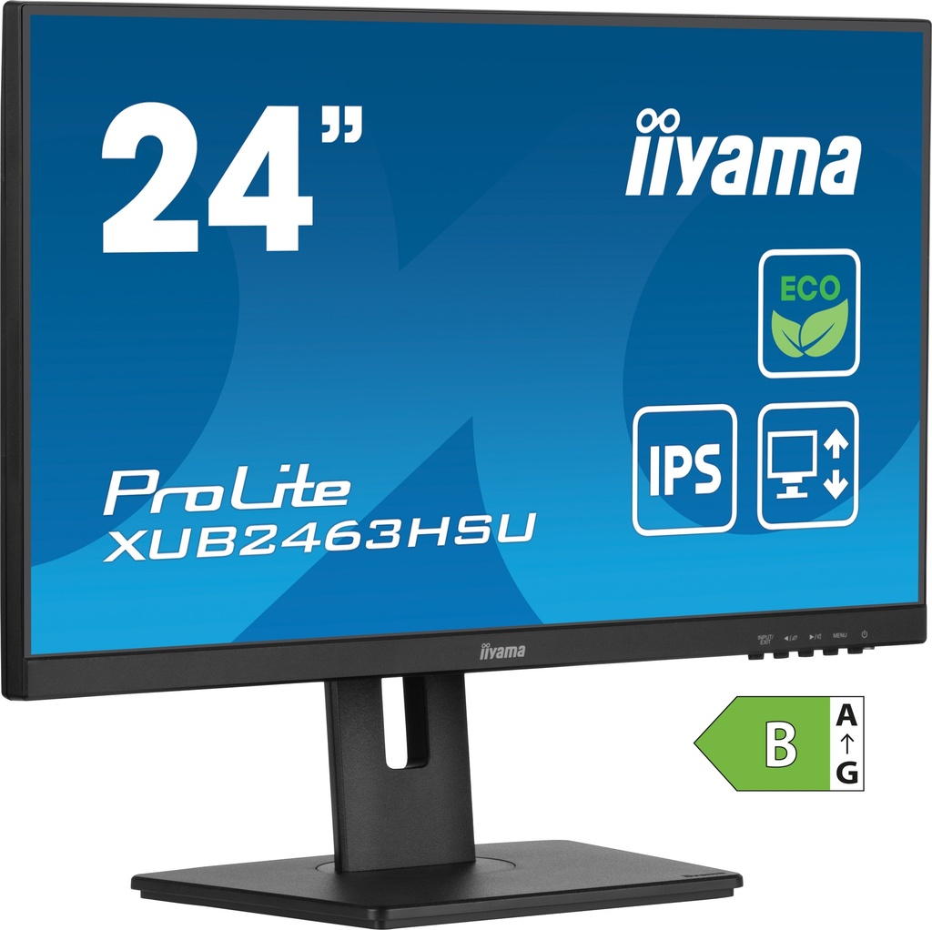 [MO24IIYAXUB] Ecran IIYAMA 23.8'' XUB2463HSU-B1 Noir dalle IPS LED Ultra mince 16:9 1920x1080 3ms 250 cd/m² 100Hz 1xHDMI 1xDP 2xUSB HUB (3.2) HPs 15cm pied réglable Pivot TCO, produit ECO