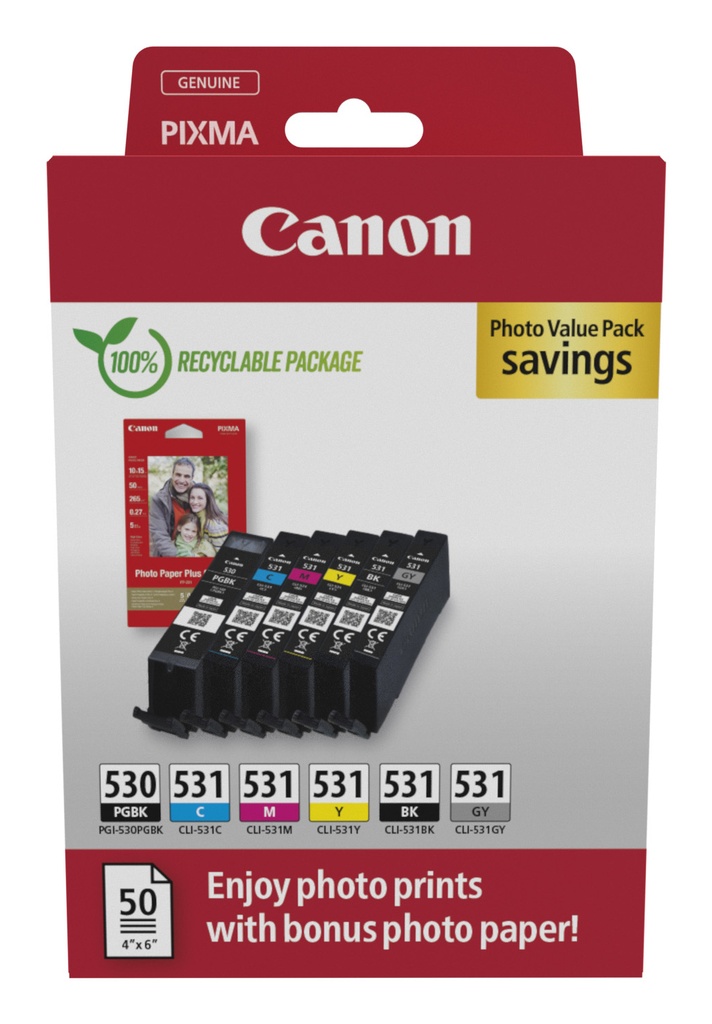 Canon PGI-530/CLI-531 PVP Ink Cartridge 6 Pc(s) Original Black Cyan Grey Magenta Photo Black Yellow