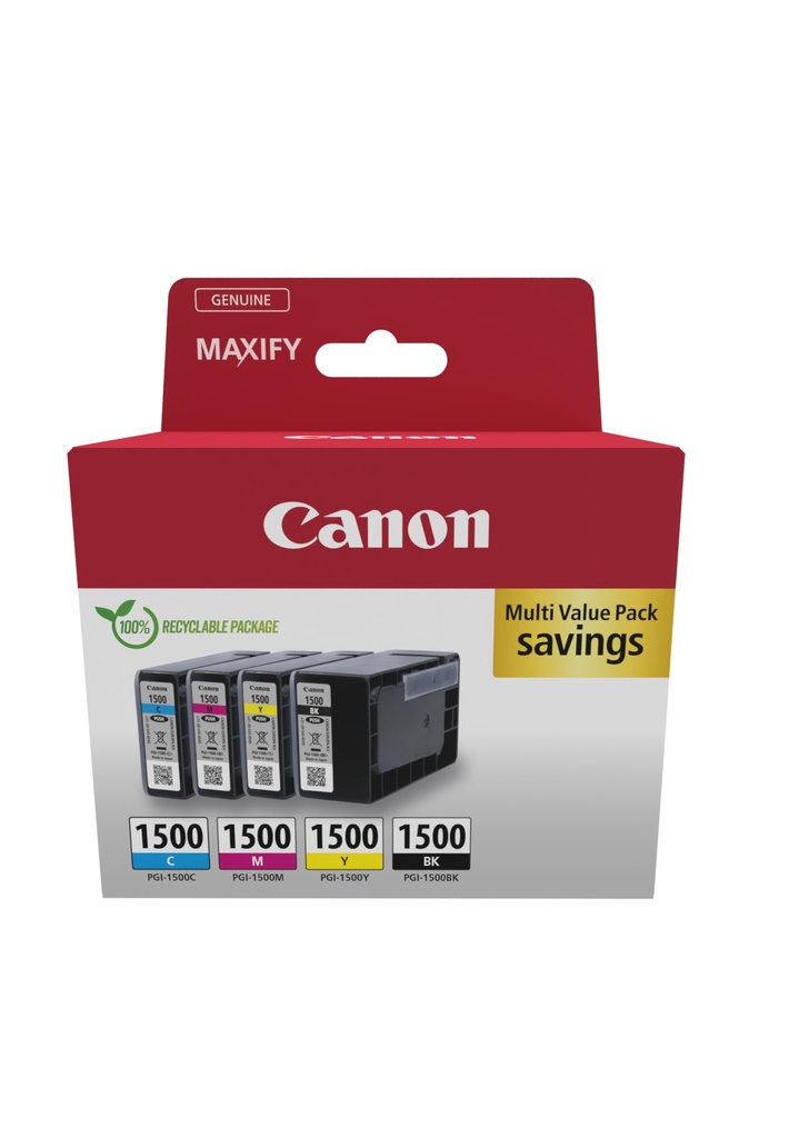 [CARTCAN1500PACK] Canon PGI-1500 BK/C/M/Y Multipack - Pack de 4 - noir, jaune, cyan, magenta - original - réservoir d'encre